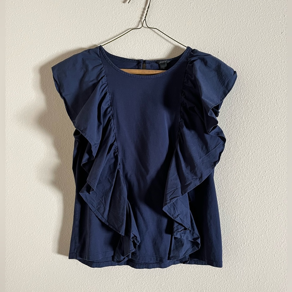 J. Crew navy ruffle blouse